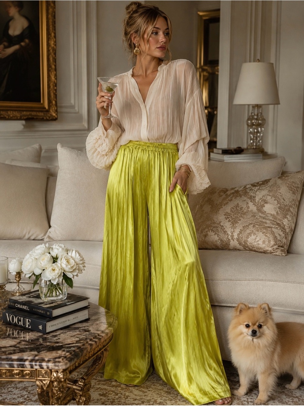 Lime Green Ultra Silky Satin Wide-Leg Pants- small